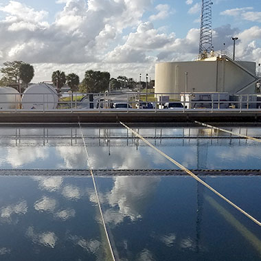 An aerial view of a drinking water treatment plant. Chlorine is used to disinfectant.